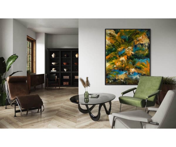 Abstract painting in living room scene.