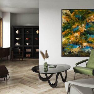 Abstract painting in living room scene.