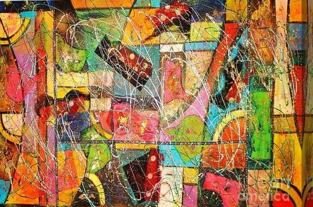 A colorful painting of various items on the wall.