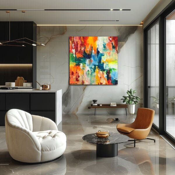 A living room with a white chair and a painting