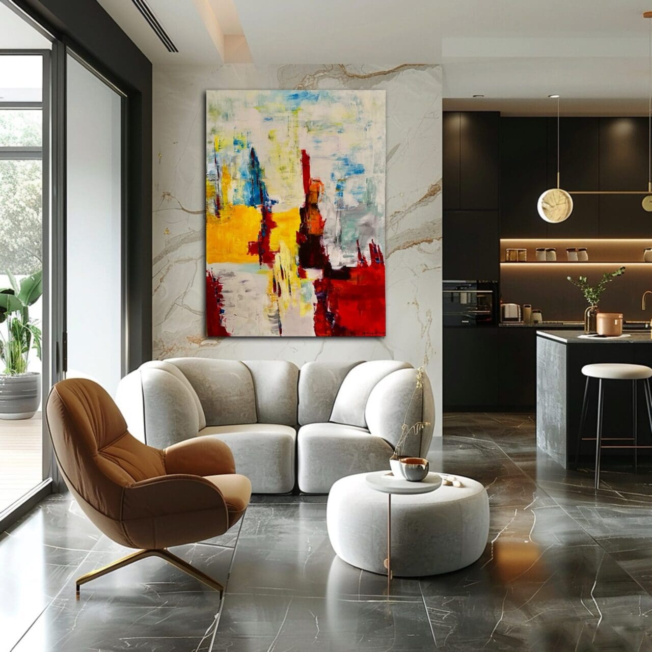 A living room with a couch and chair in it
