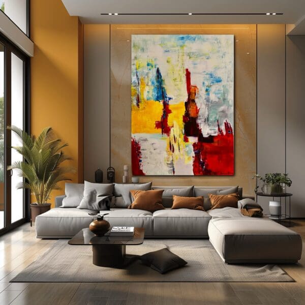 A large painting of a city in the middle of a living room.