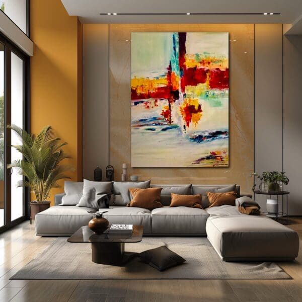 A large painting of an abstract scene in the middle of a living room.