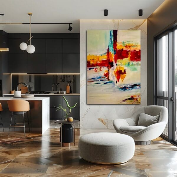 A living room with a large painting on the wall