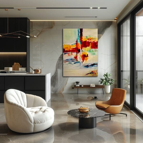A living room with a large painting on the wall