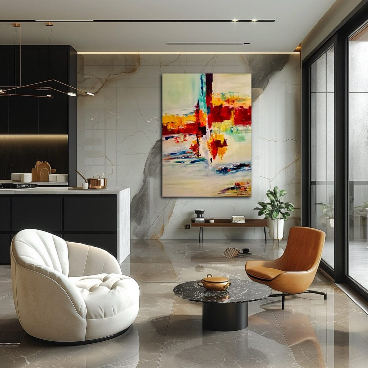 A living room with a large painting on the wall