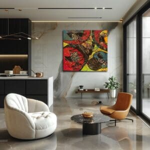 A living room with a large painting on the wall