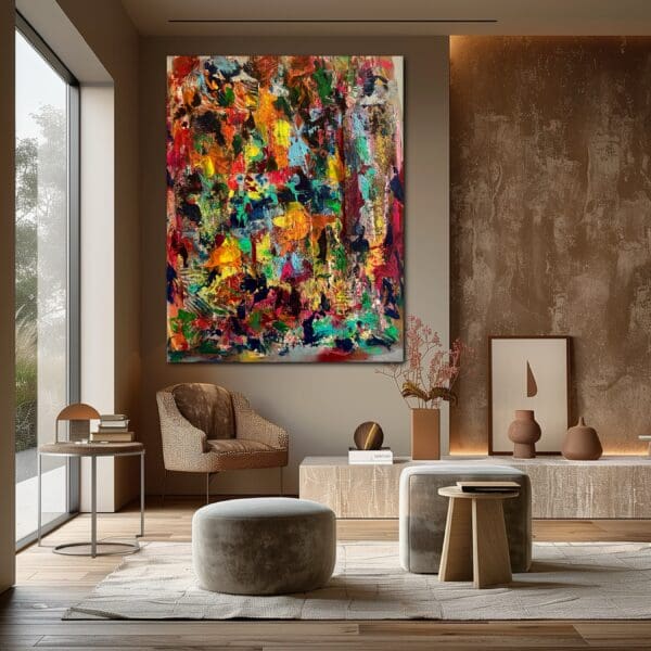 A living room with a large painting on the wall