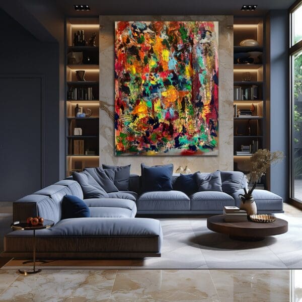 A living room with a large painting on the wall