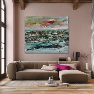 A living room with a couch and a painting on the wall