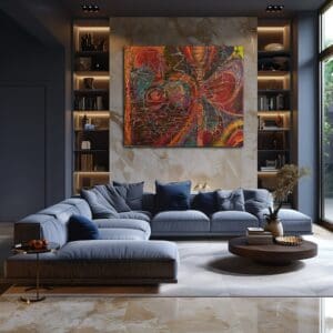 A living room with a large painting on the wall