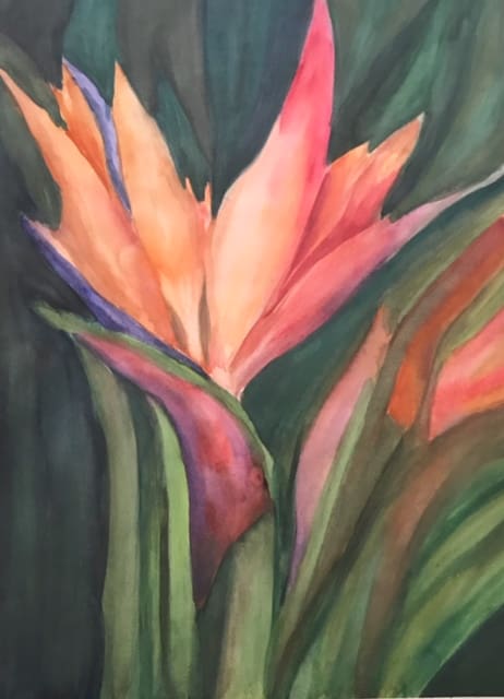A painting of a flower with green leaves