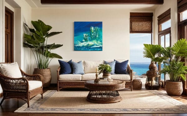 A living room with a couch and table