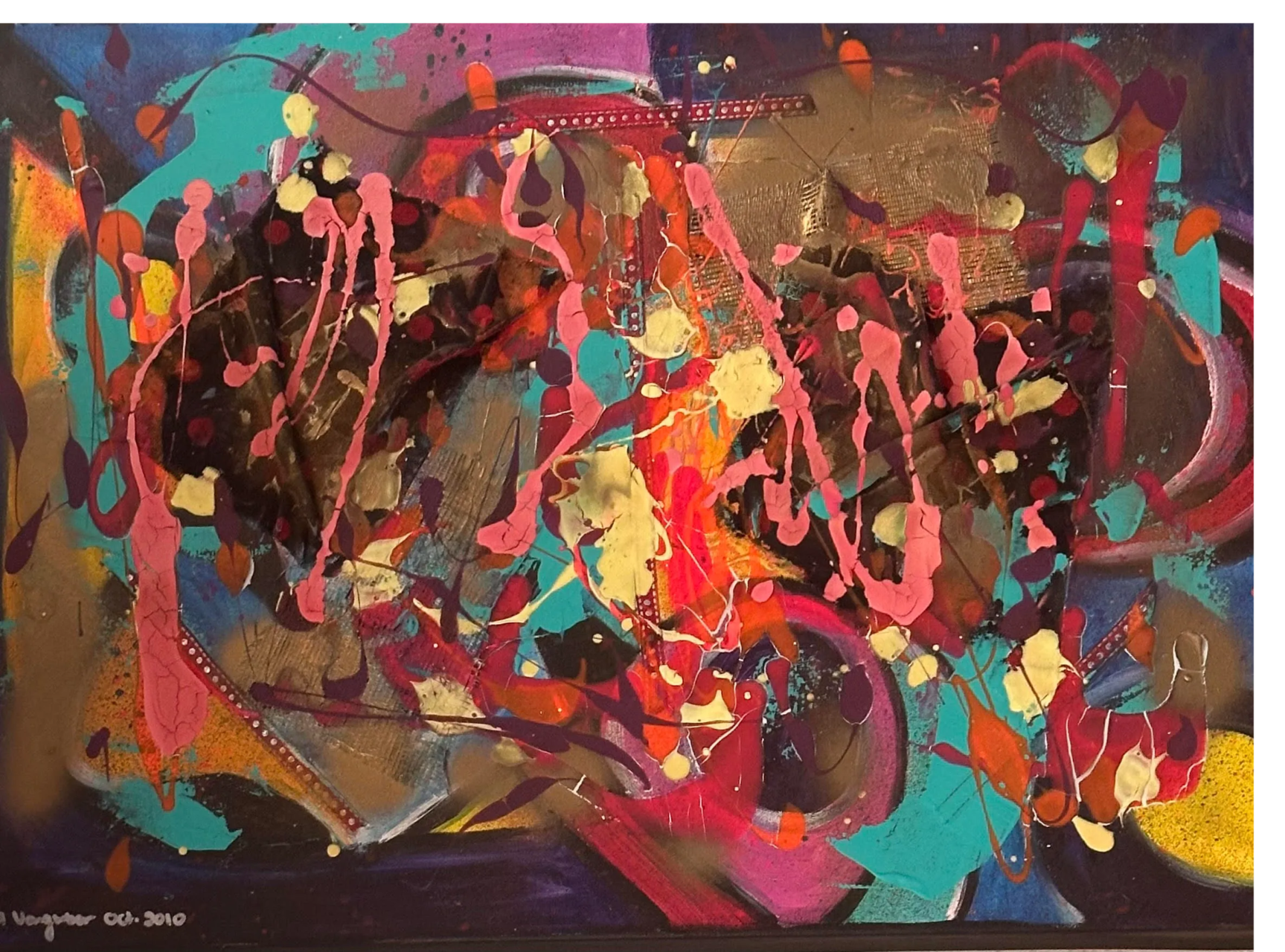 A painting of various colors and shapes on paper.