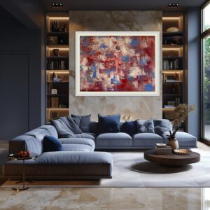 Modern living room with abstract art.
