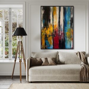 A living room with a couch and lamp