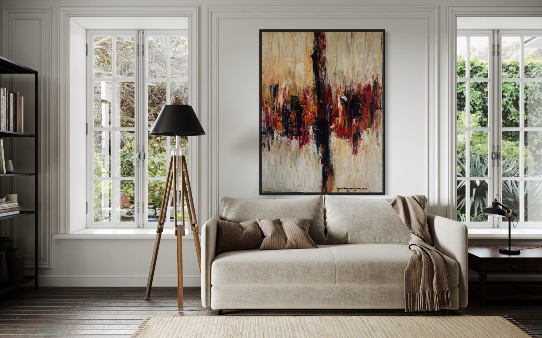 A living room with a couch and lamp