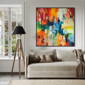 A living room with a couch and lamp