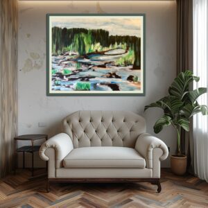 A couch and chair in front of a painting.