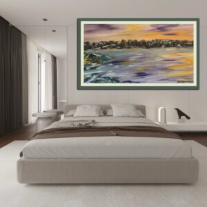 A large painting of the ocean in a bedroom.