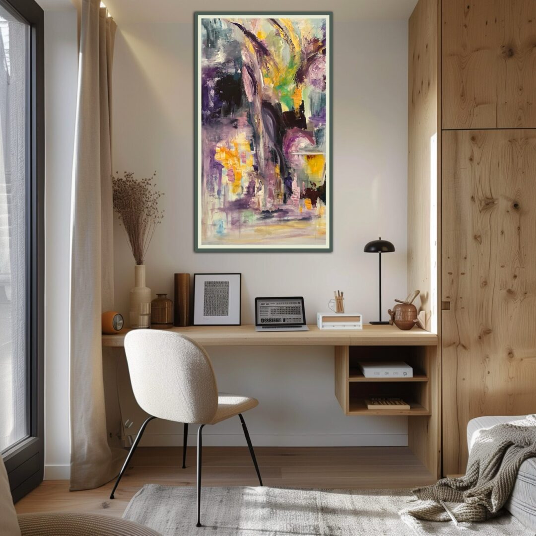 A painting of a room with a desk and chair