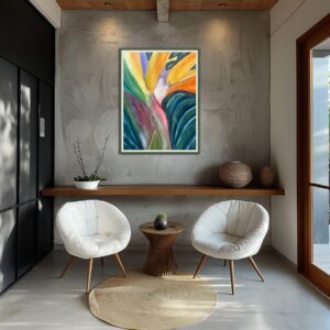 A painting of a bird of paradise flower in the center.