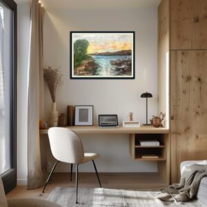 A room with a desk and chair, a window and a painting.