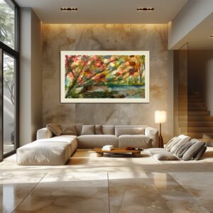 A living room with a couch and table