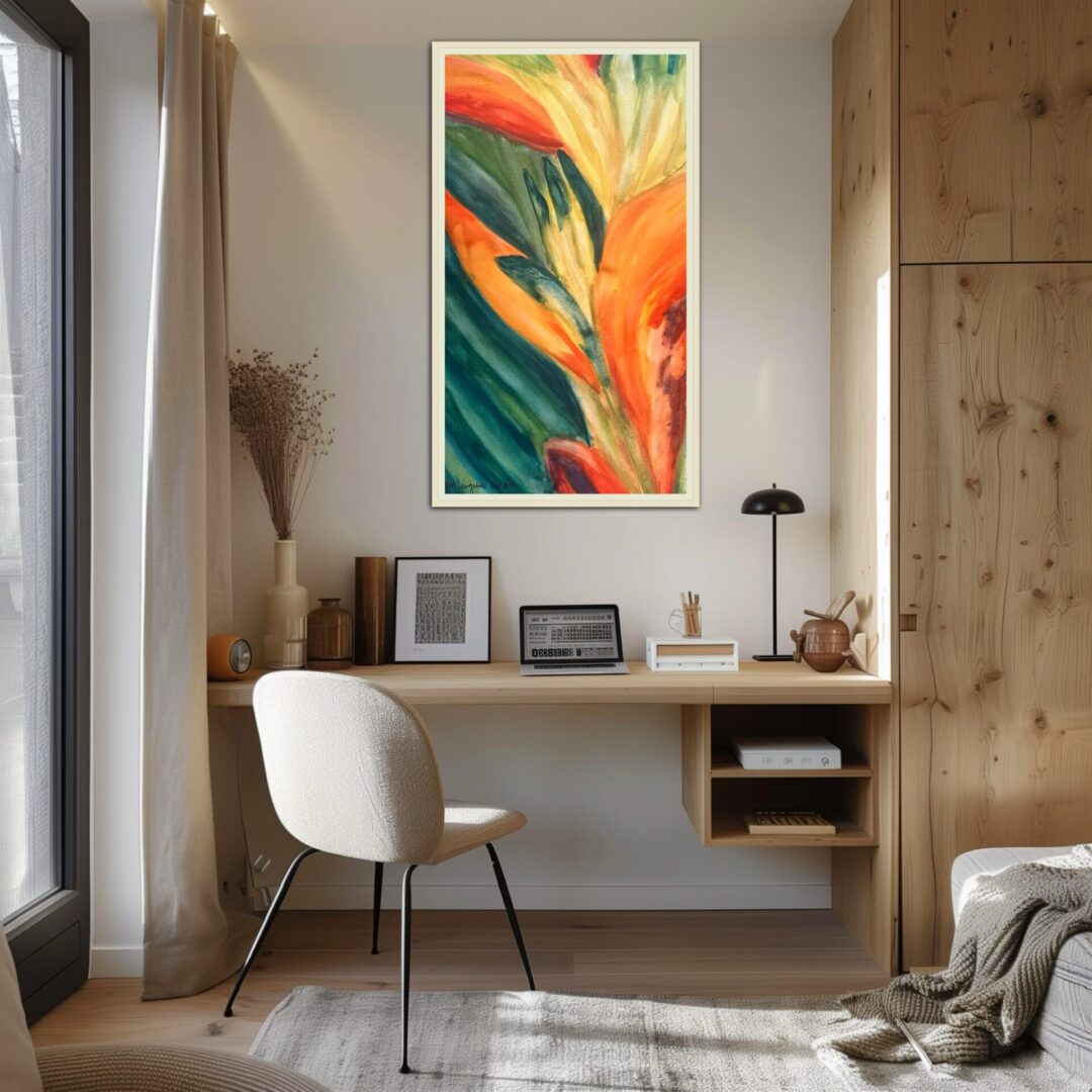 A painting of an orange and green flower on the wall.