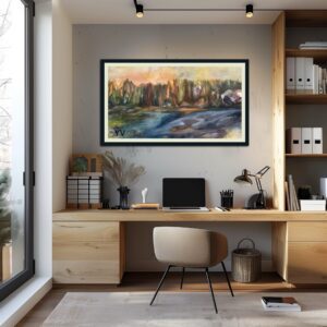 A painting of a river and mountains in the background.