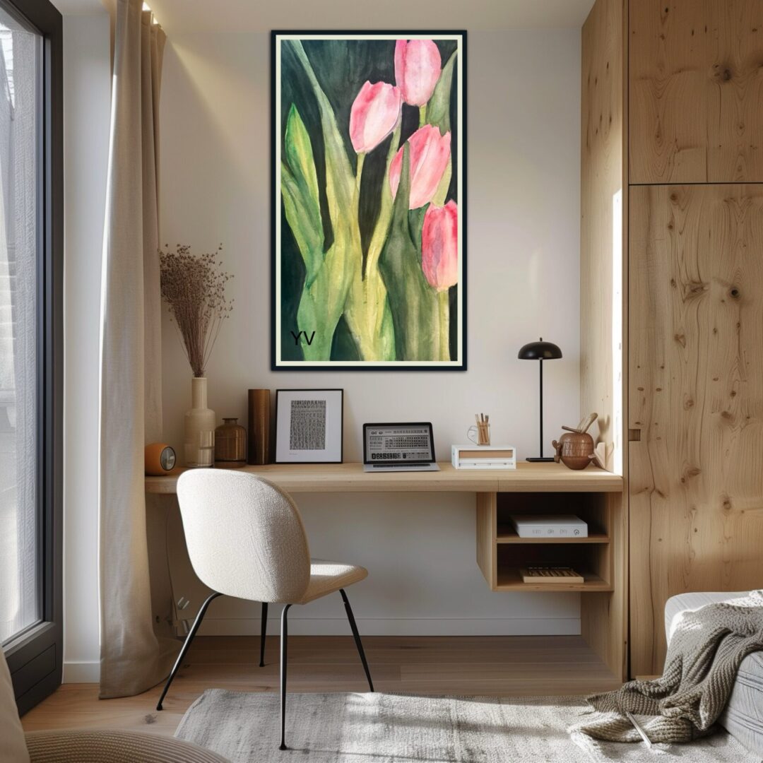 A room with a desk and chair, a window, and a painting of pink flowers.