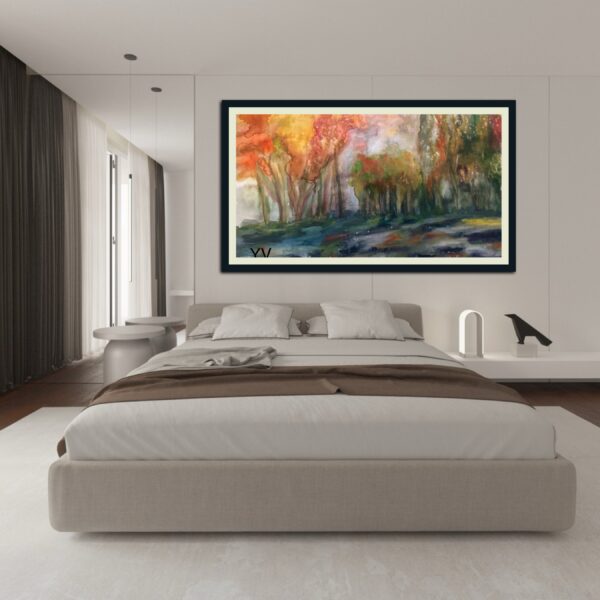A large painting of trees in the middle of a bedroom.