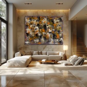 Modern living room with large abstract painting, neutral-toned furniture, and natural light from tall windows.
