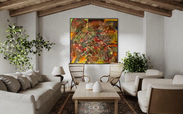 A living room with couches and tables, a painting on the wall.