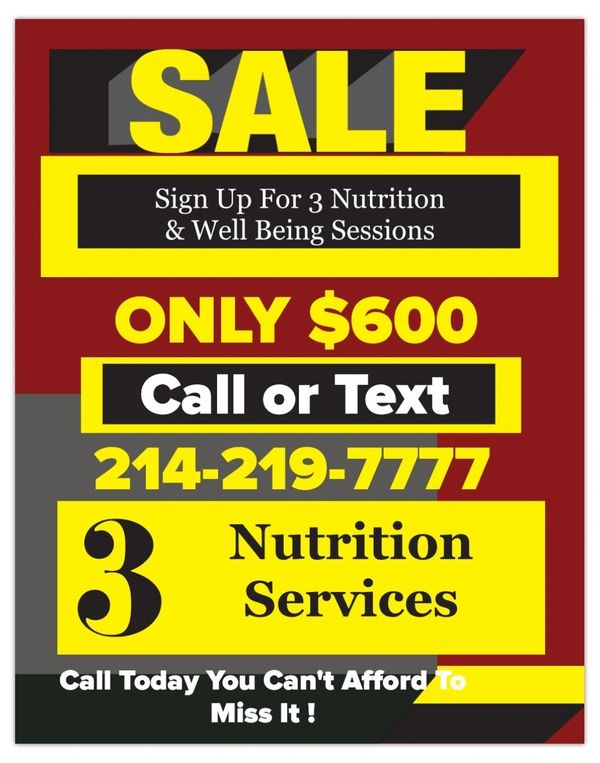 Nutrition sale: 3 sessions, $600.