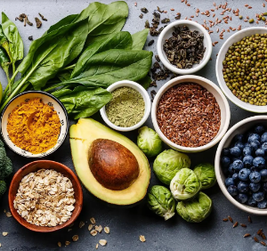 Assorted healthy foods and ingredients.