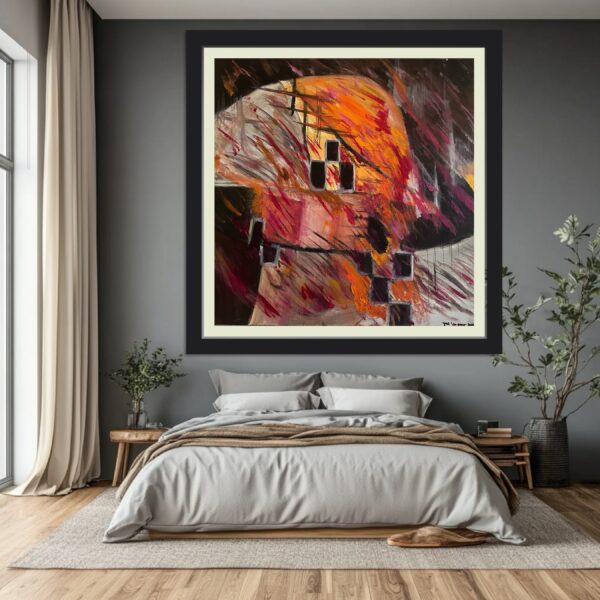 Abstract painting, warm tones, framed artwork.