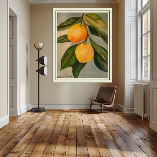 Oil painting of two oranges on branch.