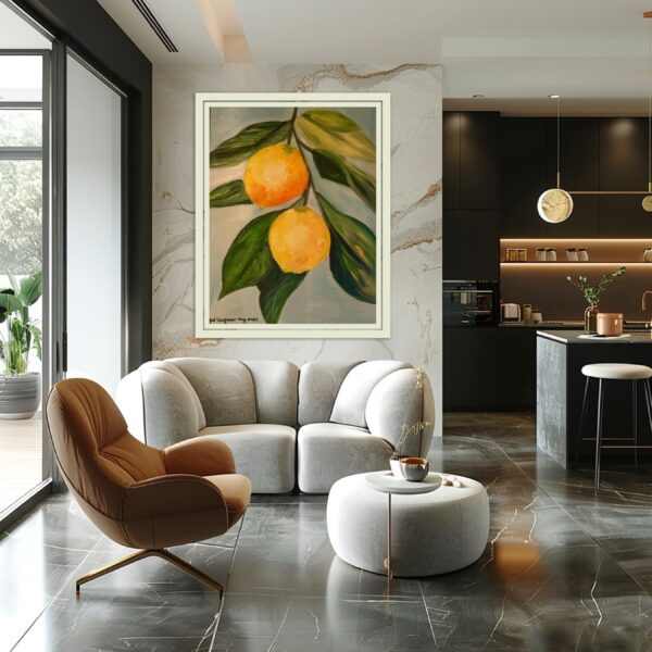 Painting of two oranges on a branch.