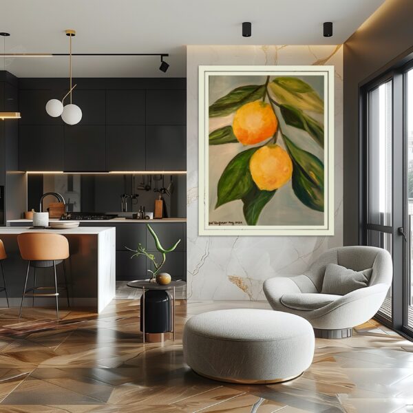 Painting of two oranges on a branch.