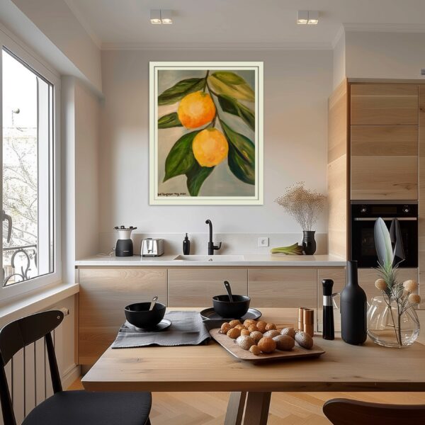 Painting of two lemons on a branch.