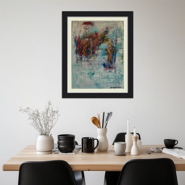 Abstract painting, blue and red hues.