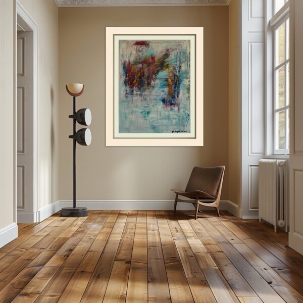 Abstract painting in blues and reds.