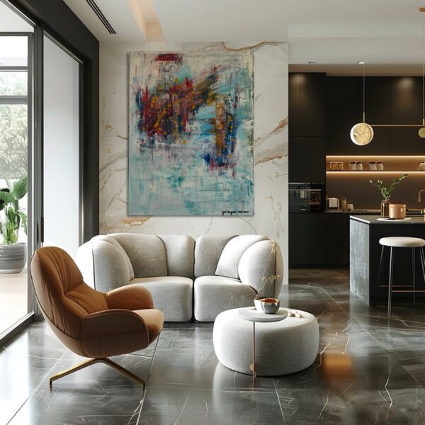 Abstract painting on living room wall.