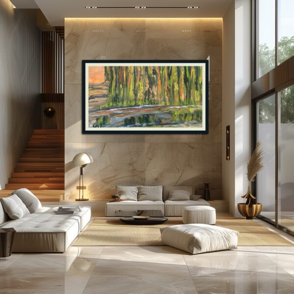 Abstract landscape painting in warm tones.
