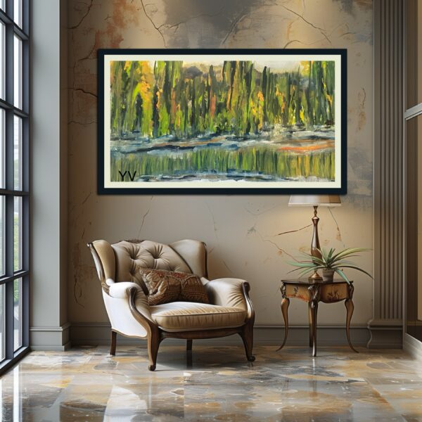 Autumn trees reflected in water.