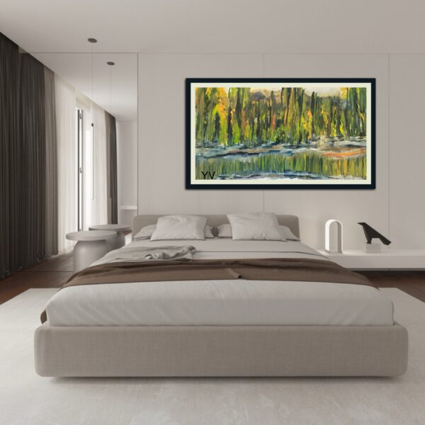 Lake reflection painting, trees, landscape.