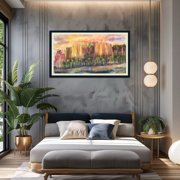Sunset landscape watercolor painting.