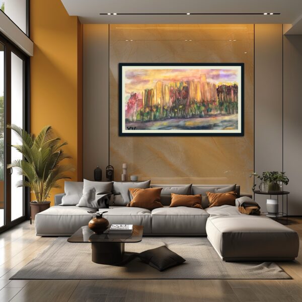 Abstract watercolor painting of city at sunset.