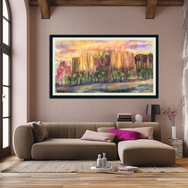 Watercolor landscape painting of trees and sunset.